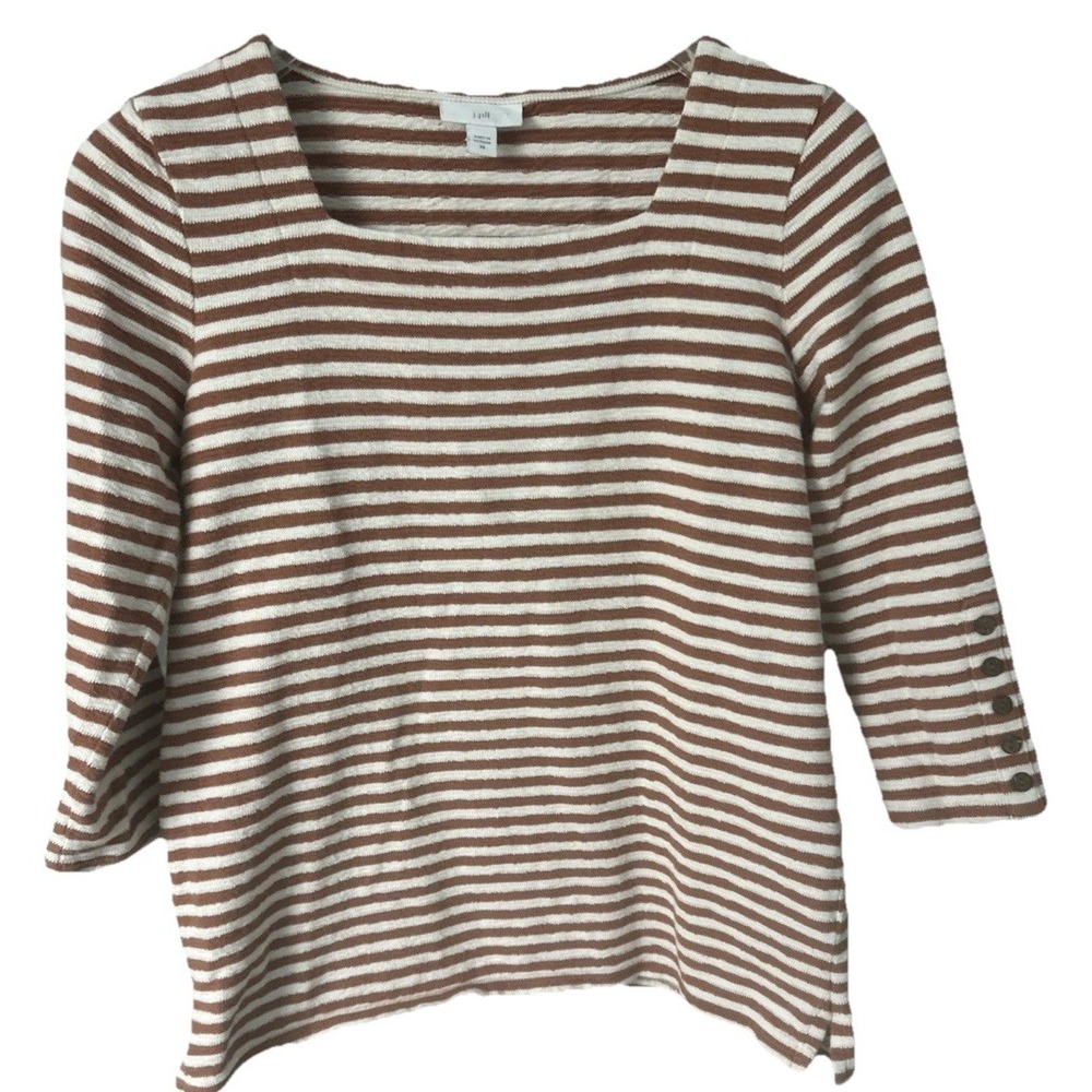 J.Jill Heanna & Cream Stripped Square Neck Knit Top 3/4Sleeves Cotton Women's XS